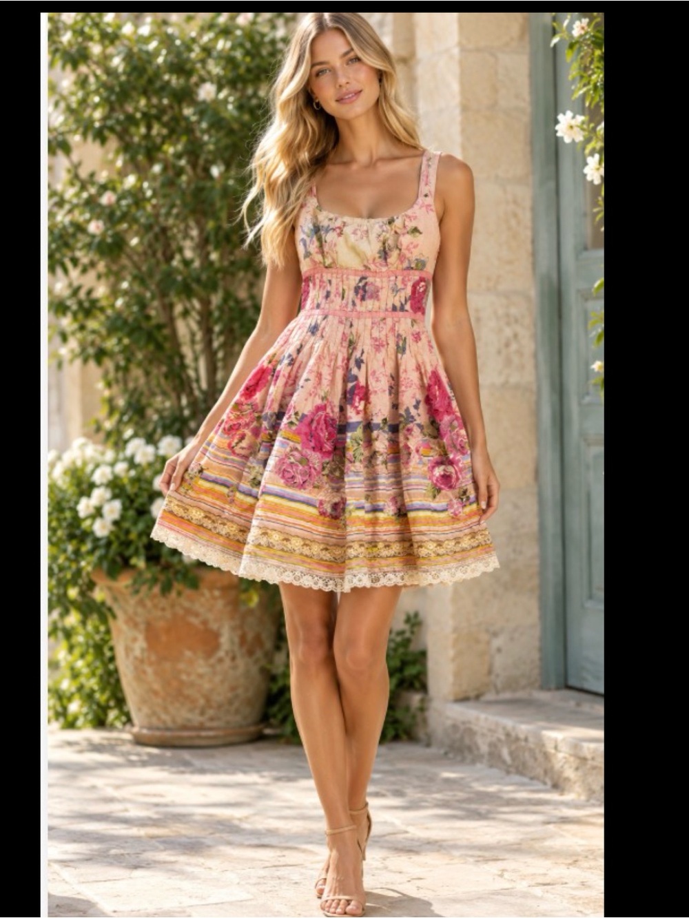 Romantic Cottagecore Floral Corset Mini Coquette Dress Lace Trim Pink Size M